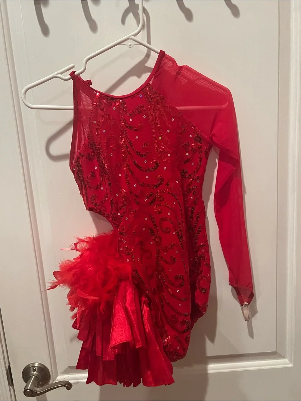 Weissman Red Sequin Ruffle Dance Costume with Feather Accent